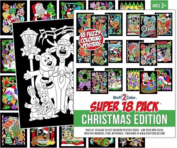 Super Pack of 18 Fuzzy Velvet Coloring Posters (Christmas Edition) - Excellent Family Time Craft Project to Share and Color - All Ages DIY Coloring Fun (Kids, Toddlers, and Adults) (1 Pack)