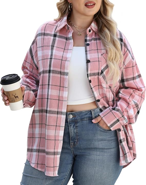 Womens Plus Size Buffalo Plaid Flannel Shirt Button Down Blouses