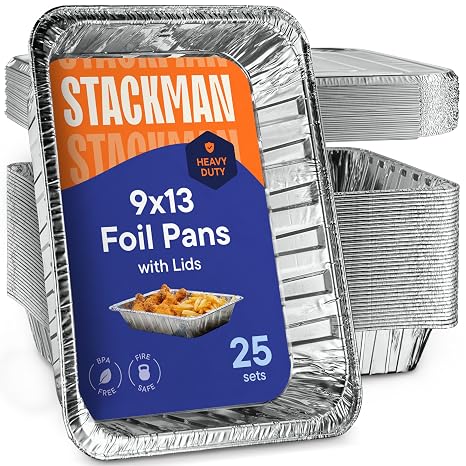 Aluminum Pans 9x13 Disposable Aluminum Foil Pans with Lids [25-Sets] Large Baking Pan Trays - Heavy Duty Tin Tray & Lid - Half Size Chafing Dishes for Roasting, Cooking, Heating or Steam | Heavy Duty Tin Tray & Lid, Half Size Chafing Dishes for Roasting, Cooking, Heating or Steam Table, By Stack Man