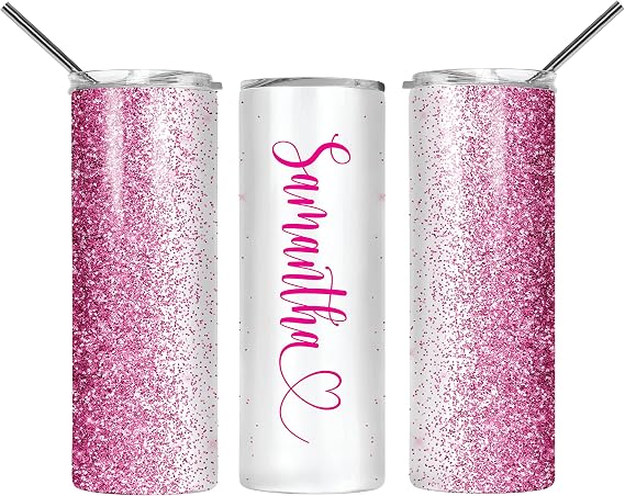Personalized Tumbler with lid and straw | 20oz Stainless Steel Insulated | Custom Gifts | Double Wall Coffee Cups for Hot, Cold Drinks | Pink tumblers Glitter effect with Name | 20oz Cup