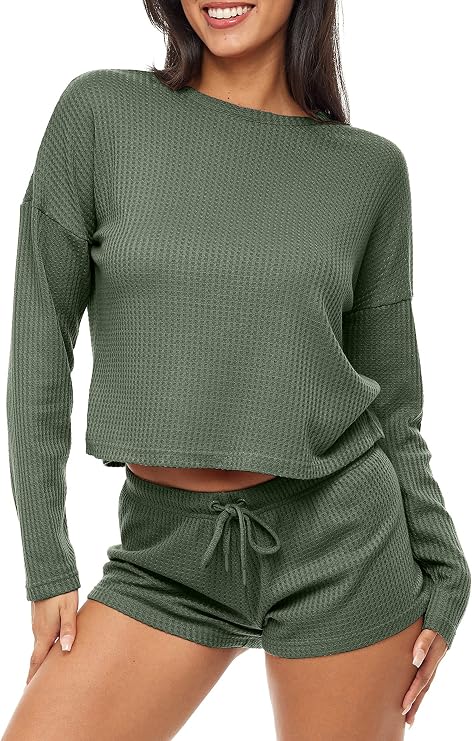 Alexander Del Rossa Women's Long Sleeve Round Neck Waffle Pajamas
