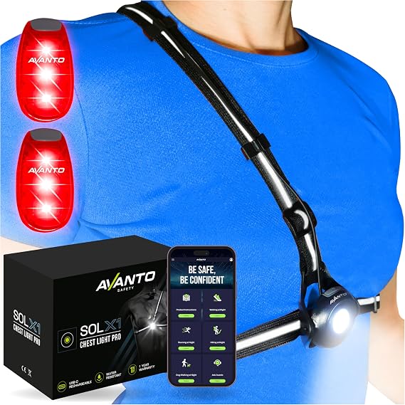 AVANTO Chest Light with (2) LED Safety Clip-Lights for Dog Walking, Night Walks, Biking | Reflective Gear for Walking, Running, Cycling, Strollers, Dogs, E-Bike, Scooters