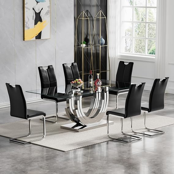 Glass Dining Table Set for 6, Clear&Silver Glass Dining Table with Stainless Steel Pedestal & 6 Black Leather Dining Chairs, 70 Rectangle Dining Room Table and Chairs Set, 7 Piece Kitchen Table Set