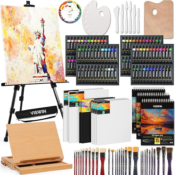 VISWIN 185 PCS Professional All-in-One Art Painting Kit with Beech Wood Easel, 96 Acrylic, Watercolor & Oil Paint Set, Canvas, Painting Set with Complete Art Supplies for Adult, Artist, Beginner