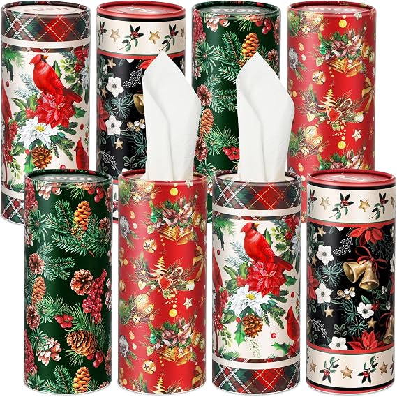 Pasimy 8 Pack Christmas Car Tissues Cylinder Holiday Round Tissue Boxes for Car in Cylinder Holder Cardinal Buffalo Plaid 3 Ply Facial Paper Box Cup Holder Christmas Travel Home Office Bathroom