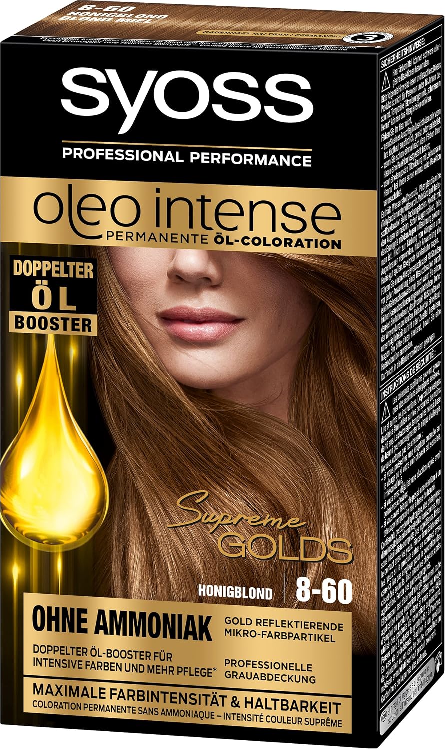 Syoss Oleo Intense Permanent Oil Colouration 8-60 Honey Blonde Level 3 Pack of 3 (3 x 115 ml)