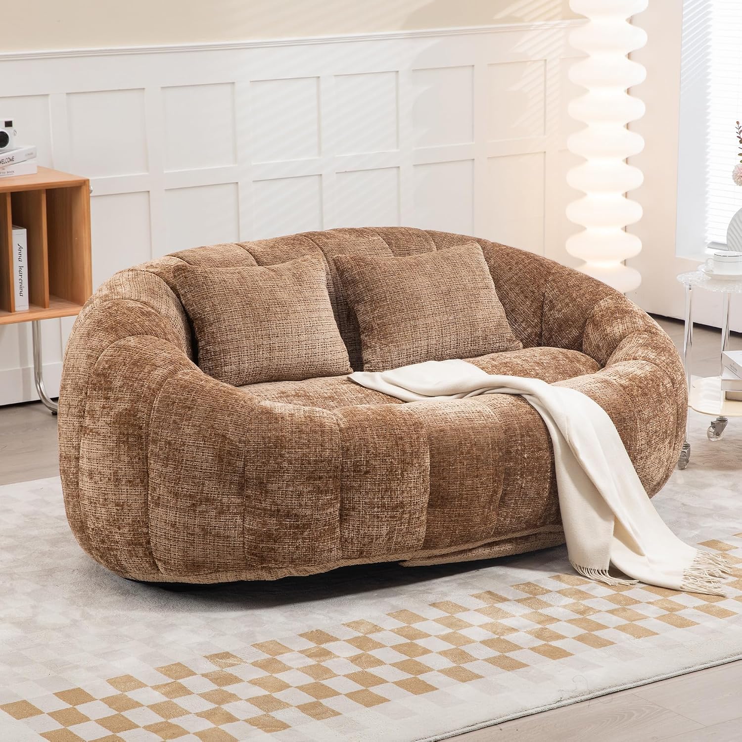 Bean Bag Sofa, Comfy Loveseat Sofa with 2 Pillows, Soft Giant Bean Bag Chair, Cozy Round Lazy Sofa with Wide Backrest for Living Room, Reading Room and Bedroom, Coffee