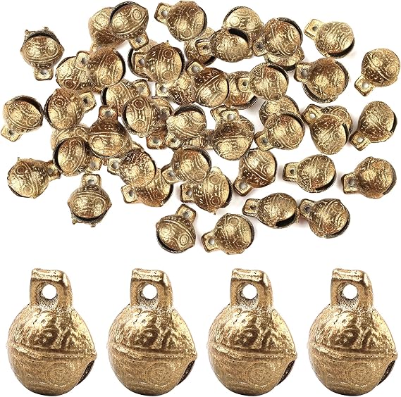 AUEAR, 60 Pack Vintage Brass Bells Mini Jingle Bell DIY Craft 14mm Small Tibetan for Jewelry Making Charms Pendants Wind Chimes Home Door Decor