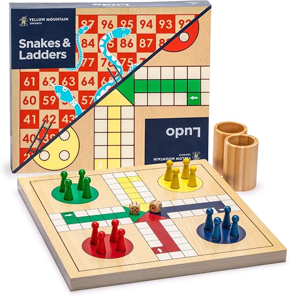 Yellow Mountain Imports 2-in-1 Reversible Wooden Snake and Ladder Rude Game Set