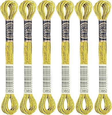 6 Skeins Embroidery Thread, Metallic Gold Embroidery Floss Friendship Bracelet String, Polyester Cross-Stitch Threads for Hand Embroidery, String Art