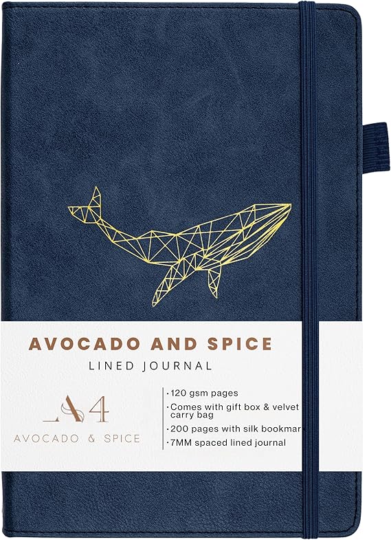 Notebook A4 Lined Journal by Avocado and Spice® with Gift Box & Velvet Bag – Notepads A4 Hardback - Travel Journal - 200 Thick Pages (Blue, Lined)