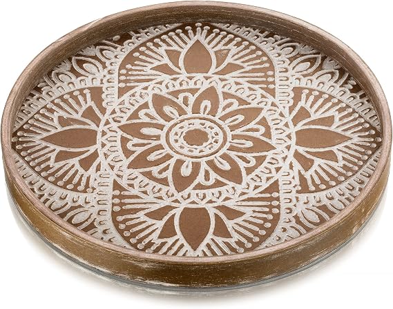 Hanobe Round Boho Decorative Tray for Coffee Table, Vintage Mandala Pattern | 11.8" Mid-Century Modern Farmhouse Decor for Living Room Kitchen Dining Table Centerpieces