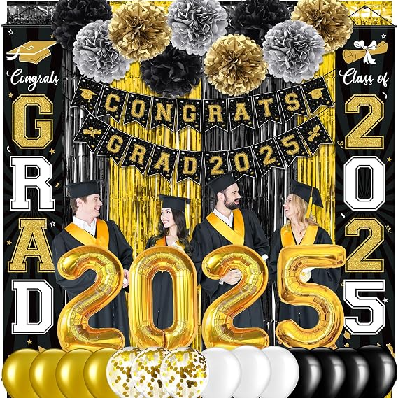 Ragnhild Black Gold Graduation Decorations Class of 2025, Party Pack Includes Congrats Grad 2025 Banner, Foil Fringe Curtain, Balloons & Paper Flowers