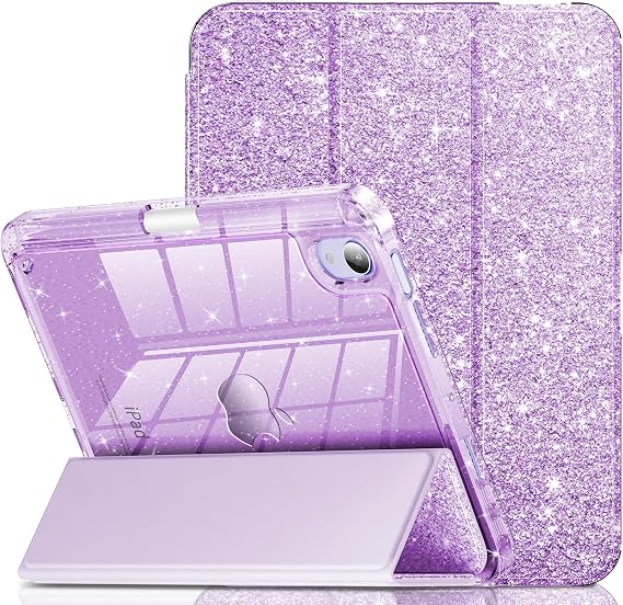 INFILAND for iPad mini 7 Case (A17 Pro), iPad mini 6 Case, iPad mini 7th/6th Generation Case 2024/2021 8.3 Inch, Glitter Cute Protective Clear Cover with Pencil Holder for Kids Girls, Lavender Purple