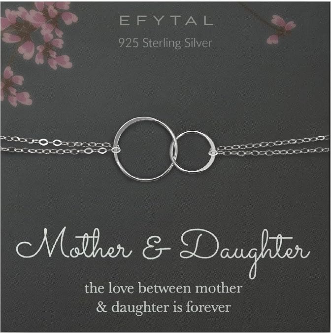 EFYTAL Gifts for Mom from Daughter, 925 Sterling Silver Two Ring Bracelet for Women, 2 Circles Birthday Gift for Daughter, Mothers Day Gift