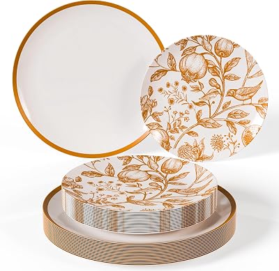 Trendables 80 Piece Plastic Disposable Plates Set For 40 Guests I 40 X 8 Inch Dessert Plates & 40 X 10 Inch Disposable Plastic Plates | Wedding Party Plates | White & Brown Pomegranate Design