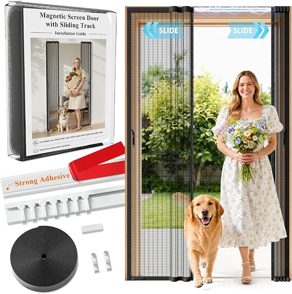Sliding Magnetic Screen Door with Sliding Rail Black, Fits 32'' x 80'' Door | Classic Center-Opening, Scratch-Proof Polyester Mesh, Retractable to Both Sides, Hands-Free Entry with Maximizes Usable Space