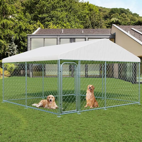 LotFun Duty Outdoor Dog Kennel, 10 x 10 FT Dog House Enclosure, Alloy Steel, UV-Resistant Canopy Cover, Double Lock Security System,