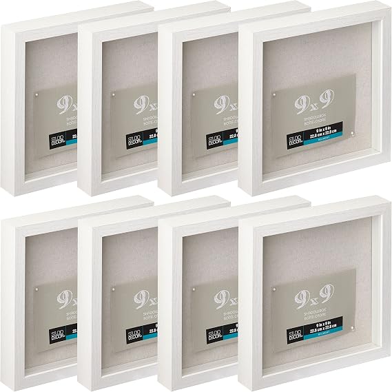 Studio Decor 9" x 9" White Belmont Shadow Box - Memory Box Display Case for Keepsakes, Mementos, and Memorabilia - Bulk 8 Pack