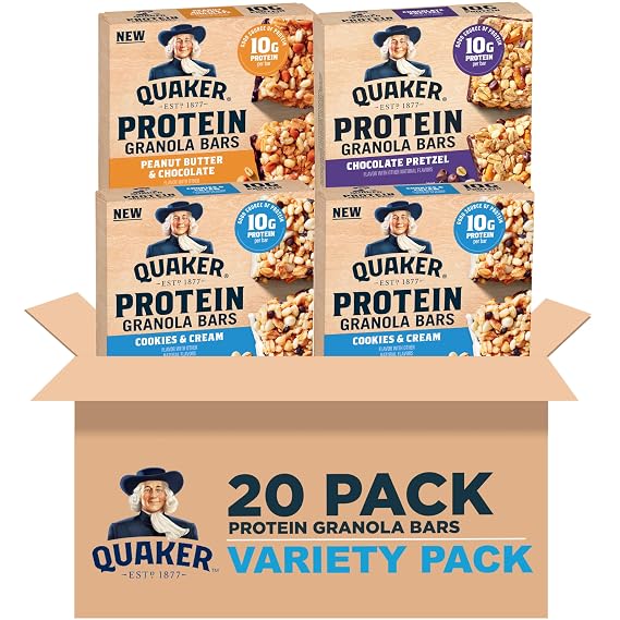 Quaker Protein Granola Bars, Variety Pack, 1.41 oz Bars, (20 Pack) 10g Protein