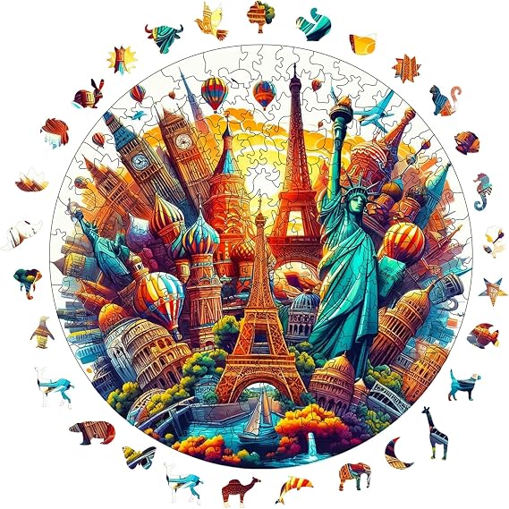 Ahşap Puzzle Yetişkin - Dünya Şehirleri - 252 Parça, 29 x 29 cm - Yapıştırıcı Folyo Dahil - Benzersiz Şekilli Parçalar & Özel Figürler - A1-11