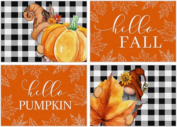 Fall Placemats Set of 4, Pumpkin Gnome Leaves Place Mats for Thanksgiving Harvest, Hello Pumpkin Autumn Washable Placemats, Orange Buffalo Plaid Mats for Kitchen Dining, 12
