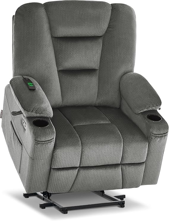 MCombo Oversized Power Lift Recliner Chair Sofa with Massage and Heat for Elderly People Petite, USB Ports, Side Pockets, Fabric R7561 (Grey, Small-Oversize)