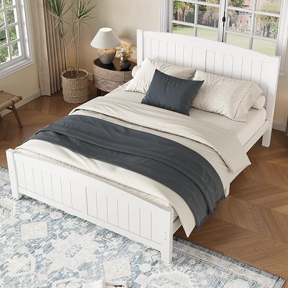 Queen Size Solid Wood Platform Bed Frame with Headboard and Footboard, Modern Platform Bed with Support Slats and Strong Structure for Kids Teens Adults, No Box Spring Needed (White-01, Queen)