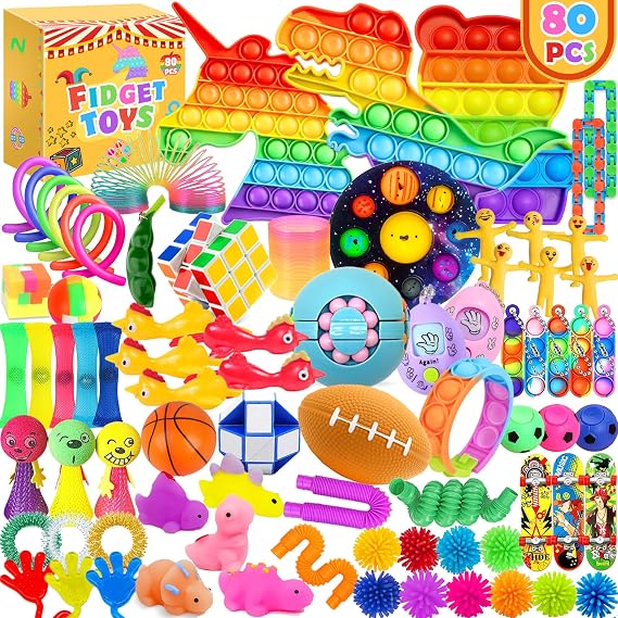 Chennyfun Rainbow Unicorn Fidget Toys Pack,Stress Reliever Fidget Toys Set | For Kids and Adults, Party Favors, Treasure Chest Goodie Bag Rewards for Autistic ADHD - Autism Bulk Fidgets Box Gifts