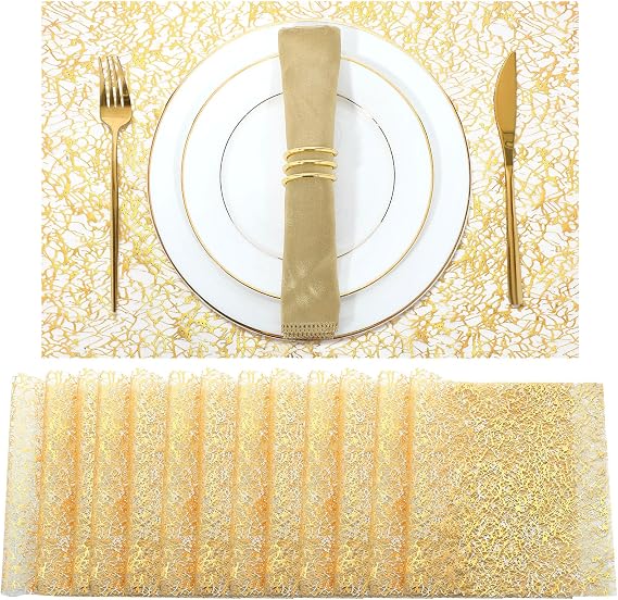 12 Pcs Gold Disposable Placemats Bulk 12 x 18 Inch Gold Doilies Metallic Glitter Rectangle Foil Placemats Table Decoration Dining Place mats for Party Wedding Dining Table Birthday Party