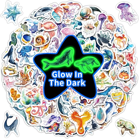 Fish Water Bottle Stickers for Kids Glow in The Dark, 149 PCS Vinyl Waterproof Stickers Pack for Laptop Skateboard Phone Case, Cute Colorful Ocean Decals for Teens