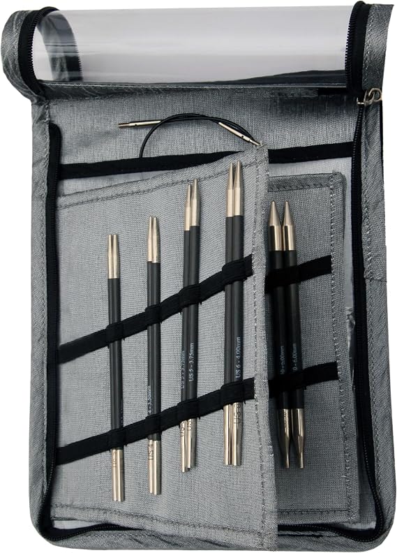 Knit Pro Karbonz Interchangeable Needle Starter Set, Black and Grey fabric Case