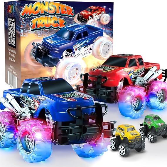 JoyX 4 Pack Light Up Monster Truck Car Toy with LED Tires, Best Birthday, for Boys and Girls Ages 3, Push n Go & Pull n Go Cars, Race Truck