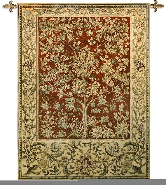 Tree of Life Ruby - Arts and Crafts - William Morris - Ornate Spiritual Tree Pattern - Cotton Woven Tapestry Wall Art Hanging - USA (53x40)