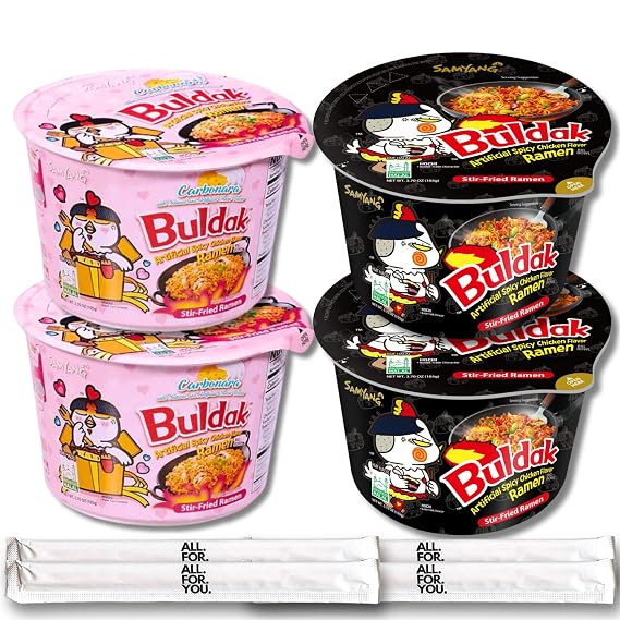 Buldak Ramen Noodles 2 Flavor Big Bowl Variety Combo - Total 4 Pack (2 Pack Each) - Original, Carbonara - Korean Spicy Hot Chicken Stir-Fried Big Bowl Noodles Bundle with 4 ALL.FOR.YOU. Branded Chopsticks