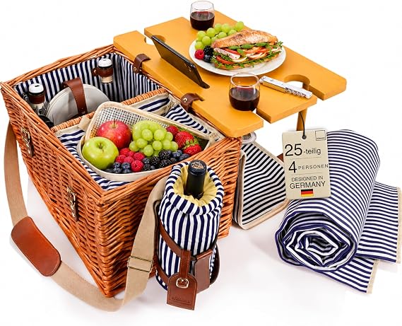 SÄNGER Borkum Picnic Basket for 4 People 25 Pieces with Cool Bag & Table