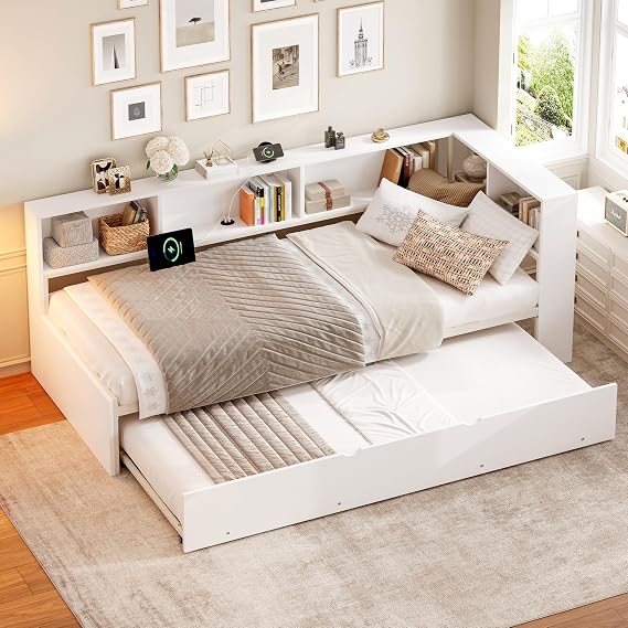 Single Bed Daybed Frame, 3ft Platform Bed with Bookcase and Storage Cupboard, Wooden Sofa Bed with Pull Out Trundle & Charging-Station, White, 90x190 cm (No Mattress)