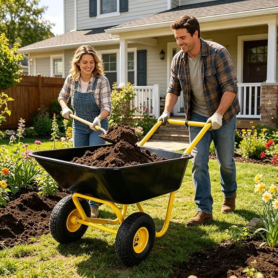 Wheelbarrow Garden Dump Cart - Wheel Barrow Heavy Duty, Wheel Barrel 330lbs Capacity 2 Wheels Garden Wagon Cart for Home Outdoor Utility Yard, Lawn, Construction, Steel Tray- Black