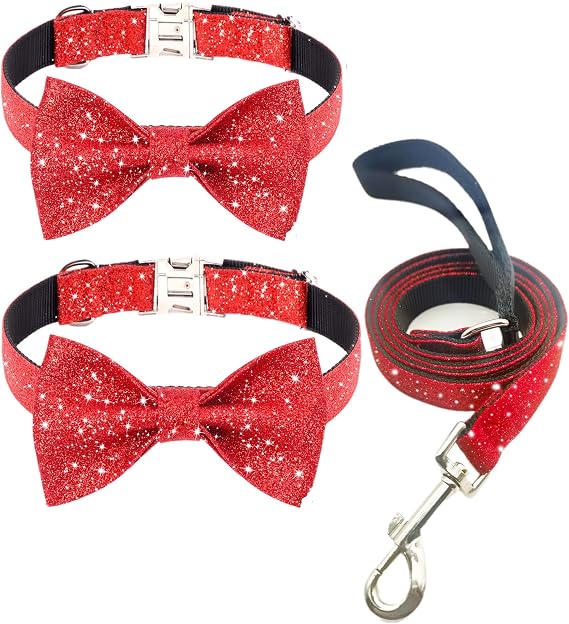 2pcs Medium Dog Collars with 1pcs Leash (Neck fit 13-19) - Bling Red Medium Dog Collar with Bow