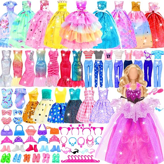 79 Pack Doll Clothes and Accessories, 3 Wedding Gowns 9 Fashion Dresses 3 Tops 3 Pants 1 Bikini Swimsuits 4 Slip Dress 20 Shoes 20 Hangers 28 Accessories for 11-12 Inch Dolls Gift for Ages 6+
