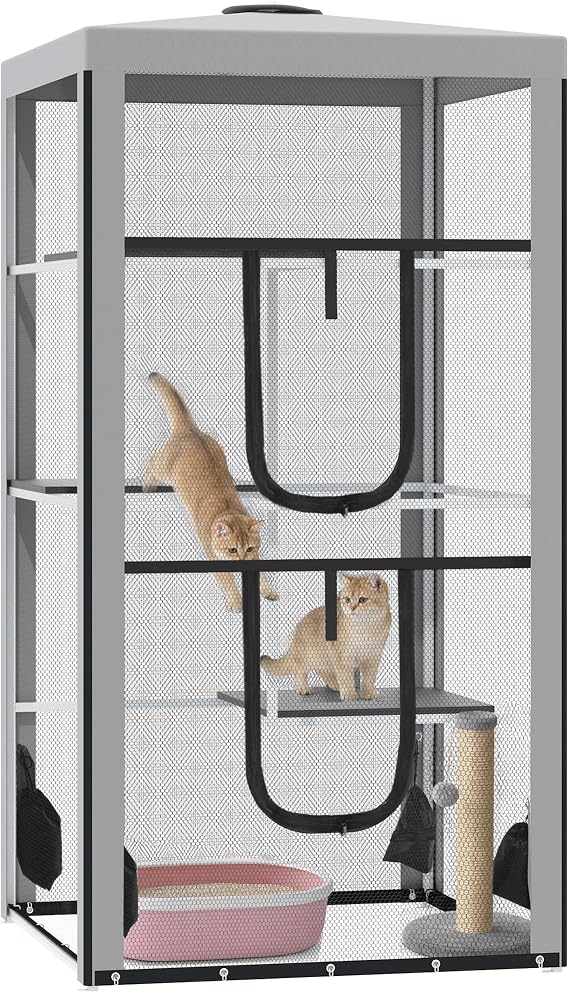 PawHut 79" H Cat House Kitten Enclosure Mesh Playpen Steel Frame with 3 Platforms, 2 Doors and 4 Sandbags for Stability, Indoor/Outdoor | 3 Platforms, 2 Doors, 4 Sandbags for Stability, Indoor/Outdoor