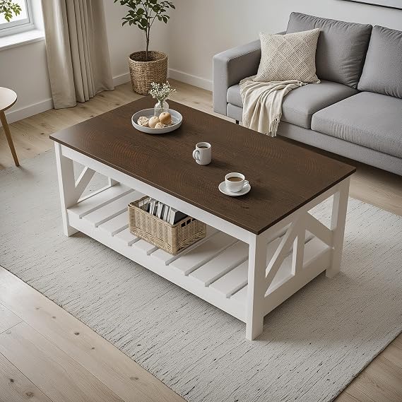 YESHOMY Farmhouse Coffee Table with Storage, Brown and White