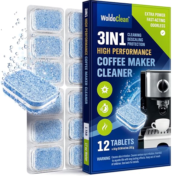 WoldoClean 3-in-1 descaling tablets for fully automatic coffee machines, 12 pieces airtight sealed in blister packaging, descaler tablets compatible with DeLonghi, Siemens, Jura coffee machines.