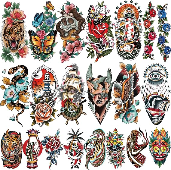 77 Sheets American Traditional Temporary Tattoos Adult Men Women Flower Rose Butterfly Tiger Snake Old School Style Temp Tattoos for Adults, Realistic Half Sleeve Fake Tattoos Stickers for Adult Kid