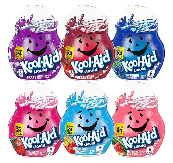 Kool-Aid Liquid Drink Mix Variety Pack, 1 Watermelon, 1 Blue Raspberry, 1 Strawberry, 1 Grape, 1 Cherry, 1 Tropical Punch, 6 CT (Variety Pack)