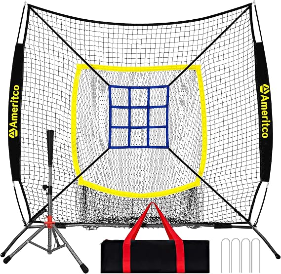 Baseball Net,7x7ft Baseball Practice Net with Tee and Target, Large Pocket Sports net for Hitting/Batting/Pitching/Throwing,Scratch Resistant Base, Versatile Use for All Levels