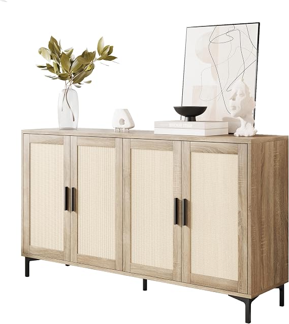 JASIWAY Buffet Cabinet with Storage, 48" Rattan Coffee Bar Cabinet Station