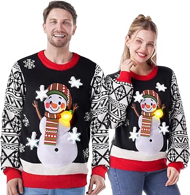 JOYIN Ugly Christmas Sweater Women Men Couples, LED Light Up Ugly Christmas Sweater Kids 2025 SnowmanBlack