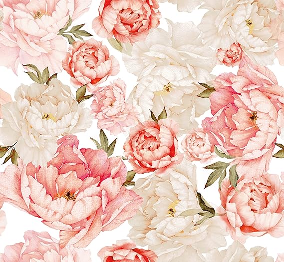 Blooming Wall PS040 Peel&Stick Removable White Pink Fresh Peony Self-Adhesive Prepasted Wallpaper Wall Mural