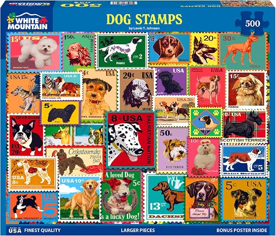 White Mountain 500 Piece Jigsaw Puzzle Fun Animal Collage, Dog Stamps | Large Pieces, Gift for Adults and Family, 18"x24" in